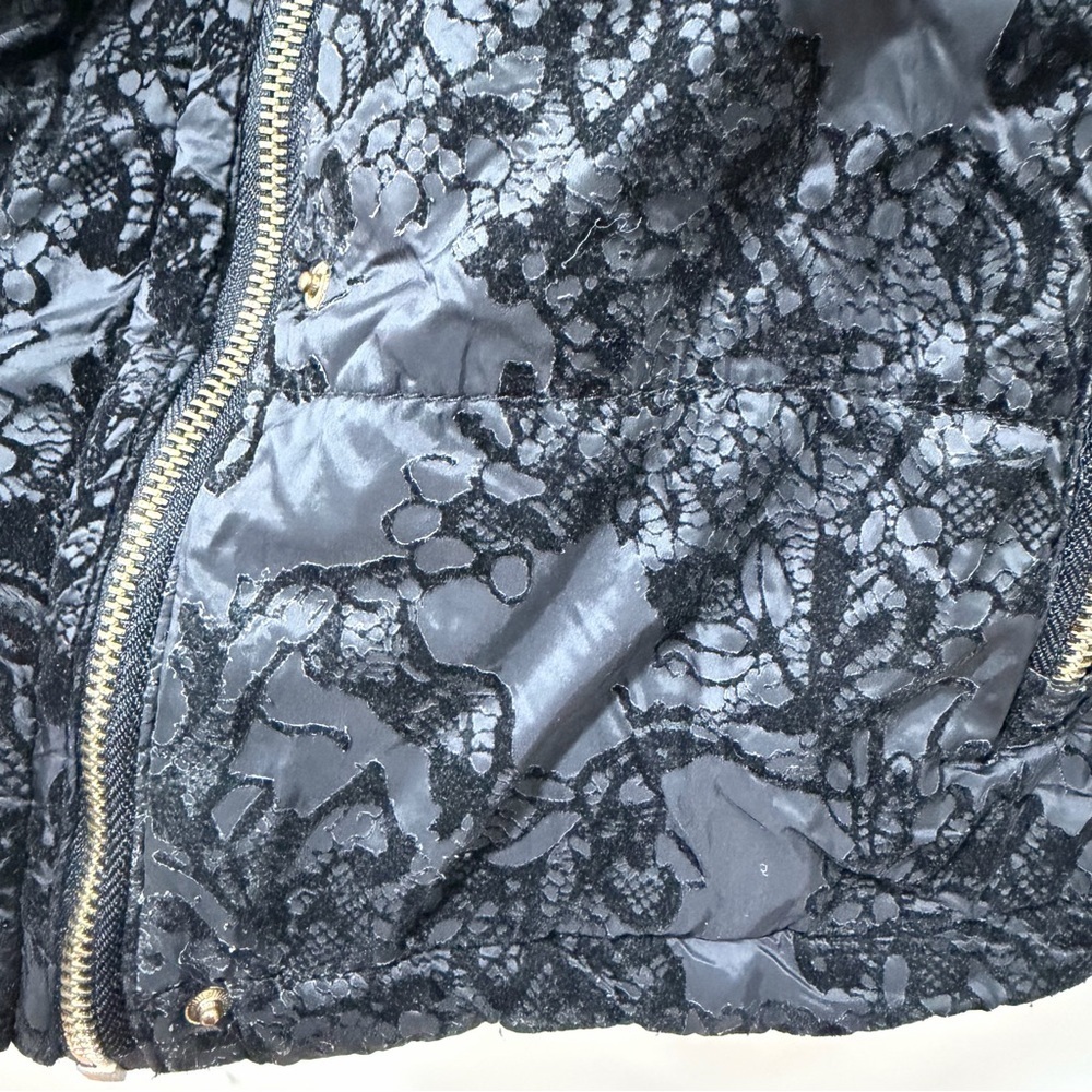 Nanette Lepore Black Lace Overlay Puffer Jacket | Hooded Zip Coat | Size Large - Picture 3 of 8